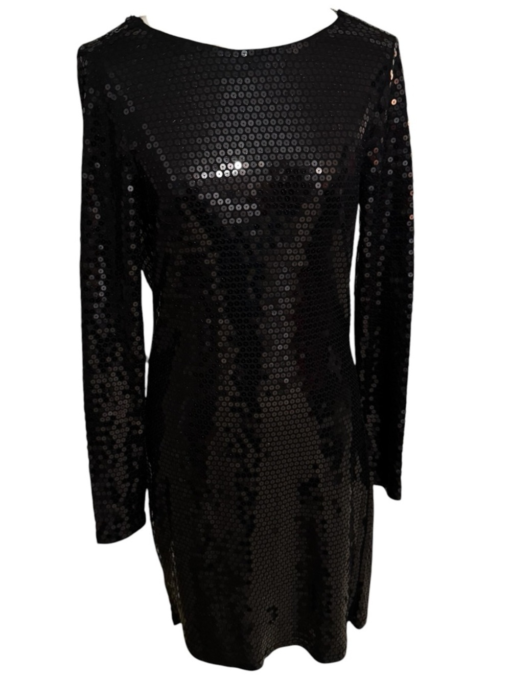 MICHAEL KORS Black Sequin Long Sleeve Back Drape Mini Dress Chain Holiday XS